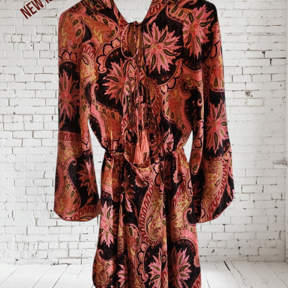 2/20$ 💜 Silk Paisley Long Sleeve Dress - Black and Pink